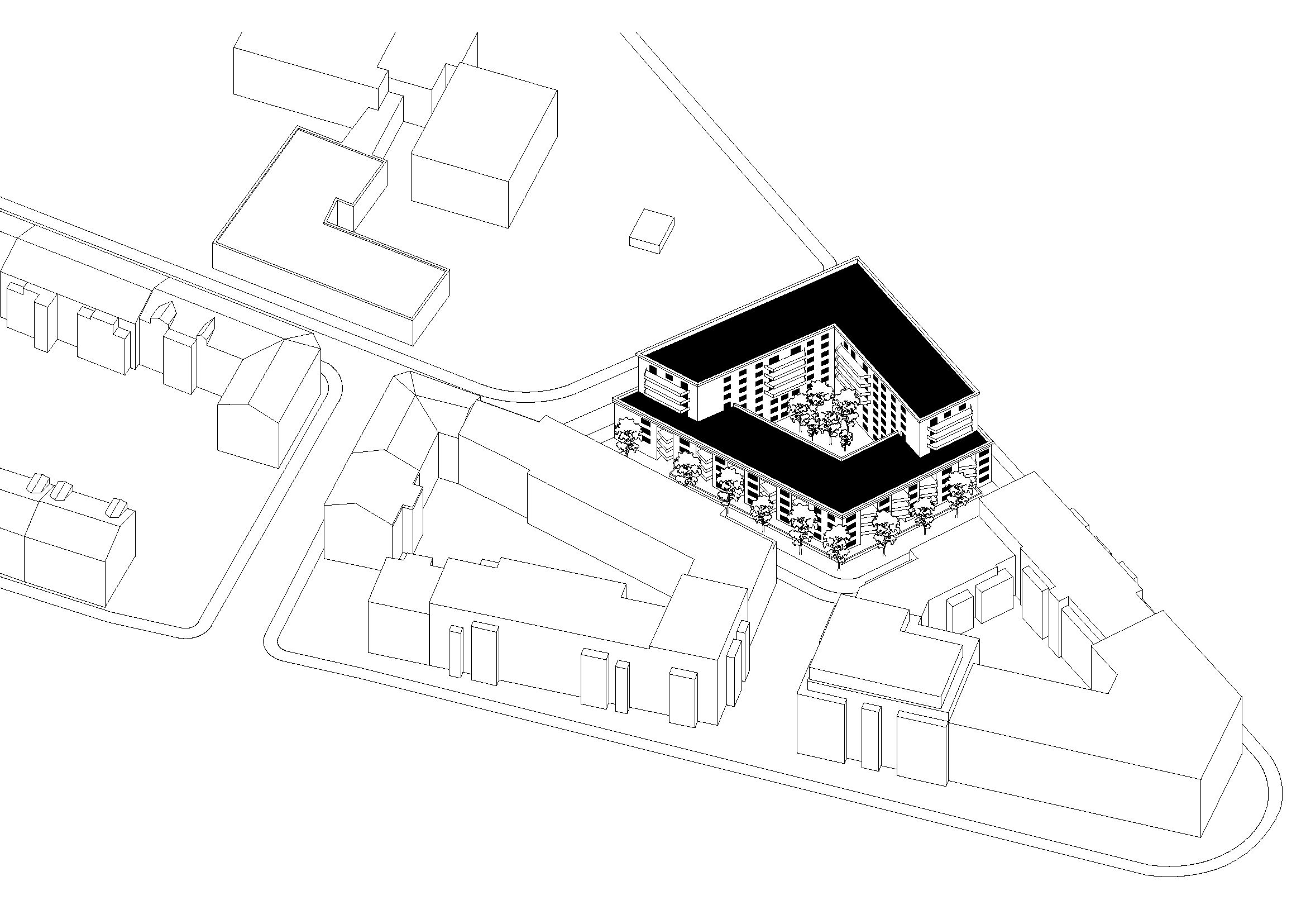 Axonometrische Darstellung des geplanten Wohnensembles an der Judith-Auer-Straße in Leipzig-Reudnitz mit Innenhof, Dachbegrünung und unterschiedlichen Gebäudehöhen.