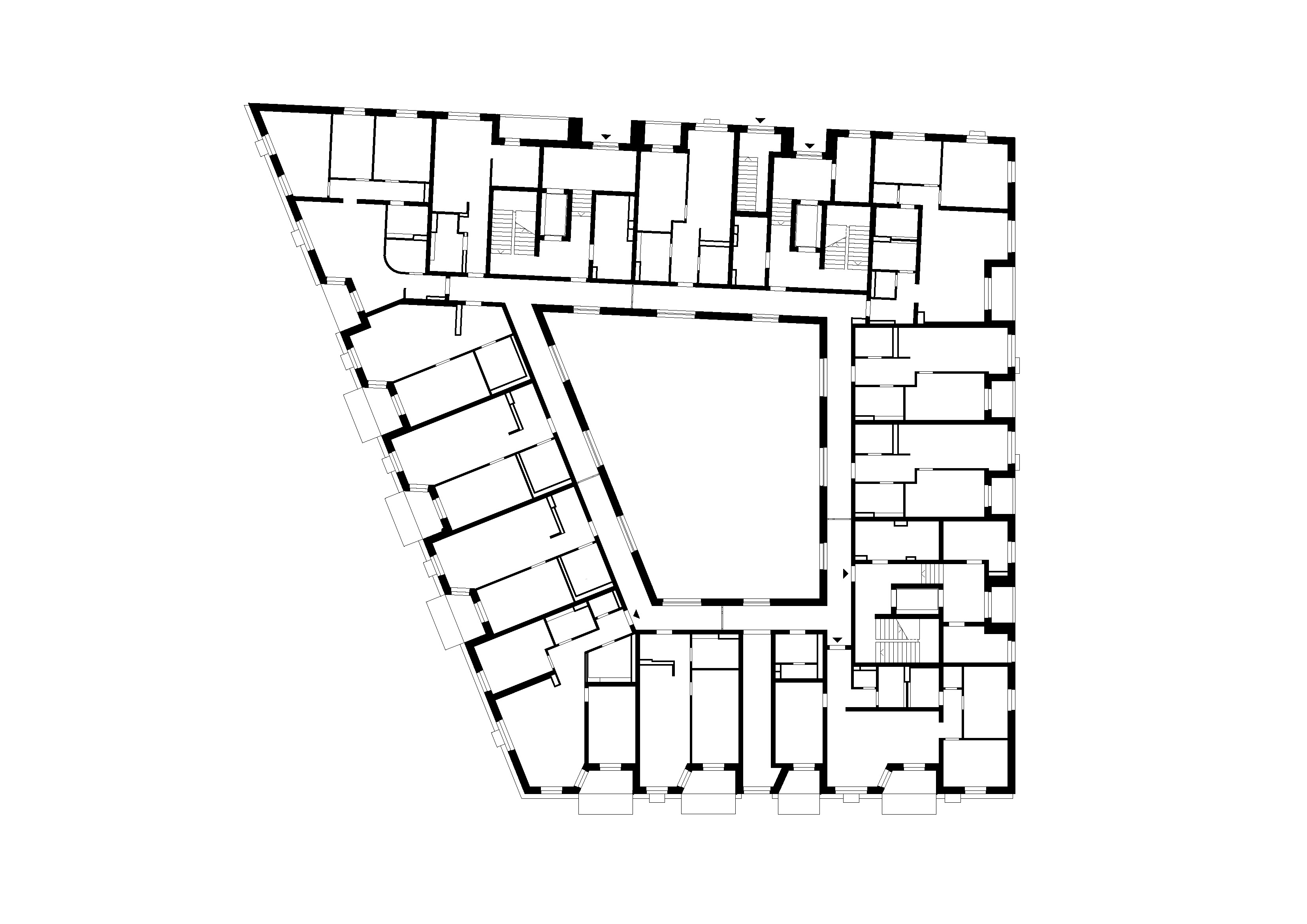 Grundriss eines Regelgeschosses des Wohnungsneubaus mit Wohnungen, Erschließungskernen und Außenräumen.